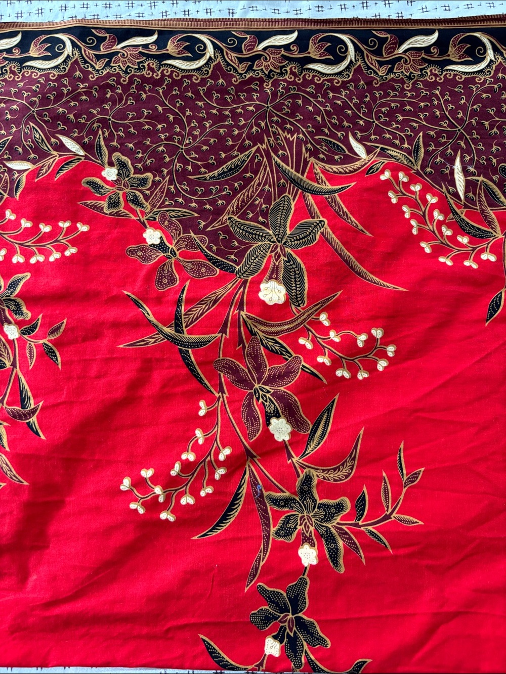 H. Santoso Batik style fabric, Indonesia, red/black/gold/maroon, 42x84”